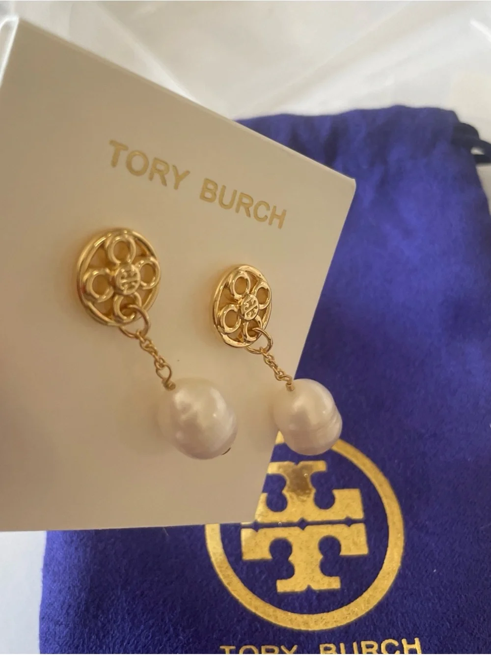 Tory Burch Gold Logo Drop Earrings with Cream Pearl